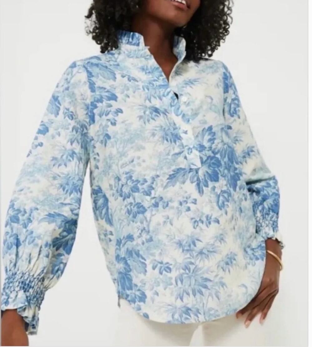 Tuckernuck | Misty Blue Toile Teagan Popover Linen cotton Blend blouse Small